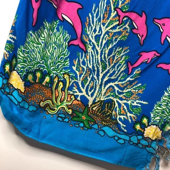 DOLPHIN Under the Sea Blue & Pink Coral Reef Tassel Beach Coverup Sarong Skirt - Picture 4 of 16